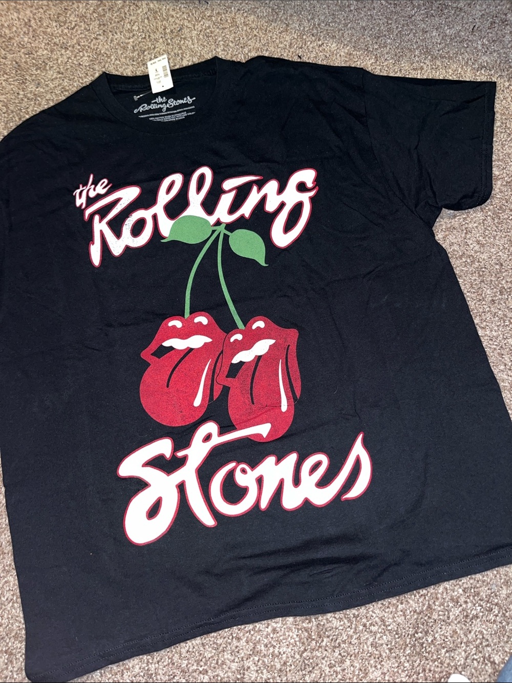 the Rolling Stones Black Tee with Red Lips and Green Leaves